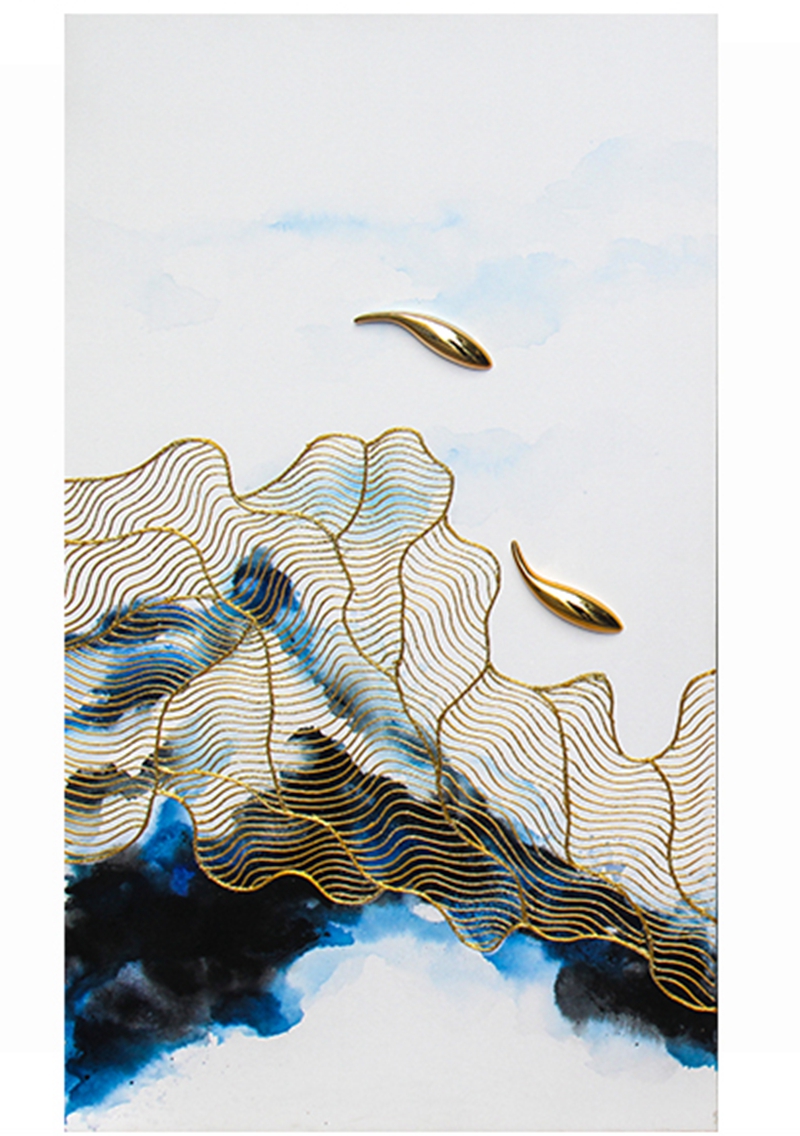 新中式客廳裝飾畫 餐廳原創(chuàng)純手繪金線畫 玄關(guān)環(huán)保PS框?qū)嵨锂?魚水情